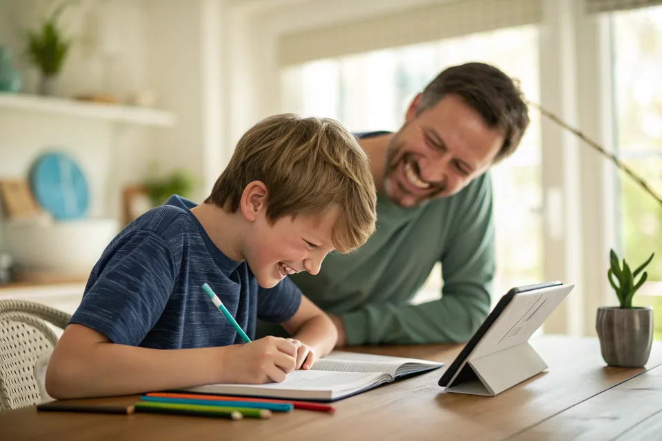A father encouraging his son as he works through 11+ practice at home