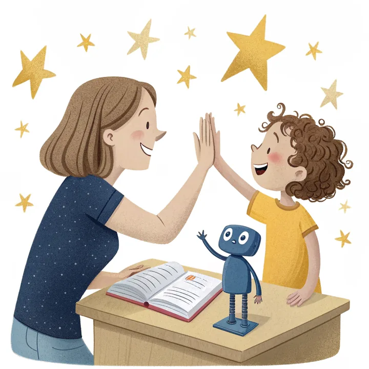 A parent and child celebrating finished practice with a high-five while a small robot buddy cheers