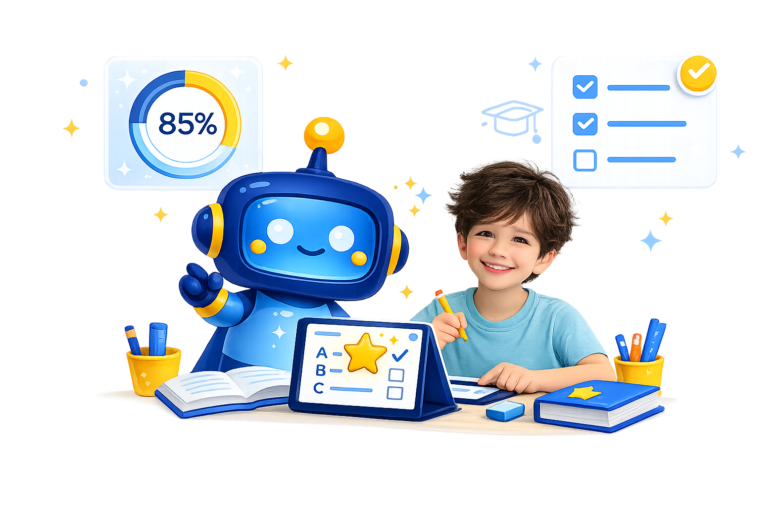 ElevenReady's robot coach helping a child practise 11+ questions, with a readiness score and a study plan